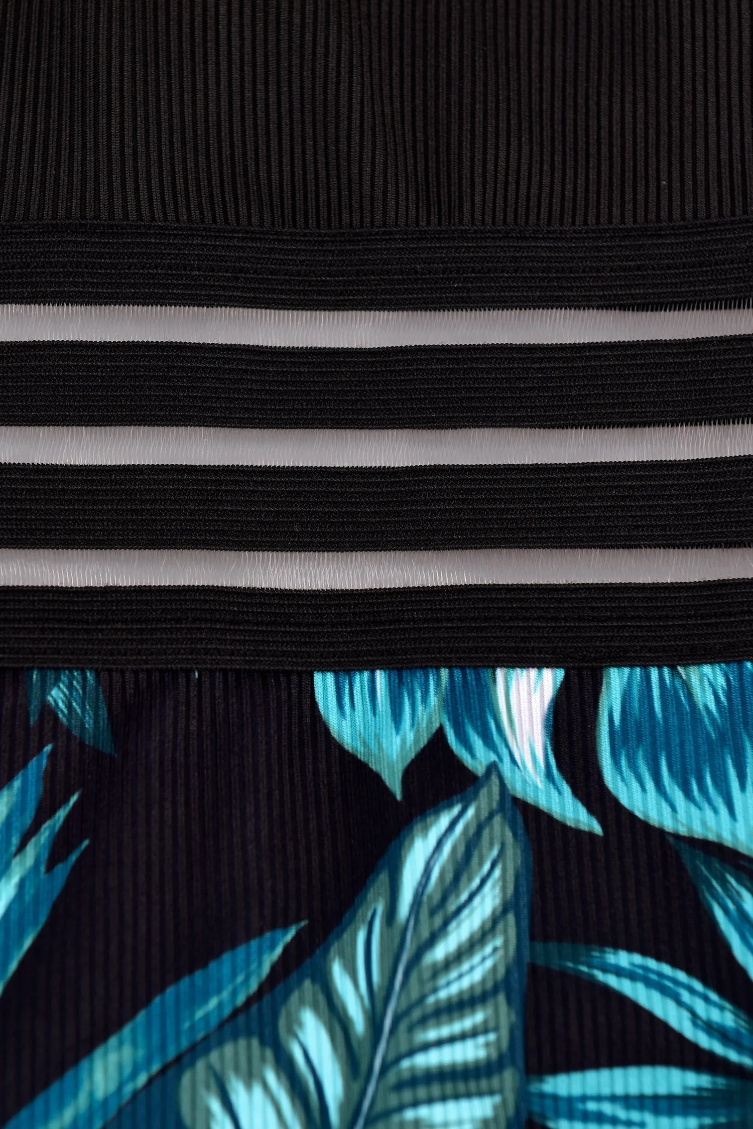 Tropical Leaf Print Mesh Striped One Piece Swimsuit